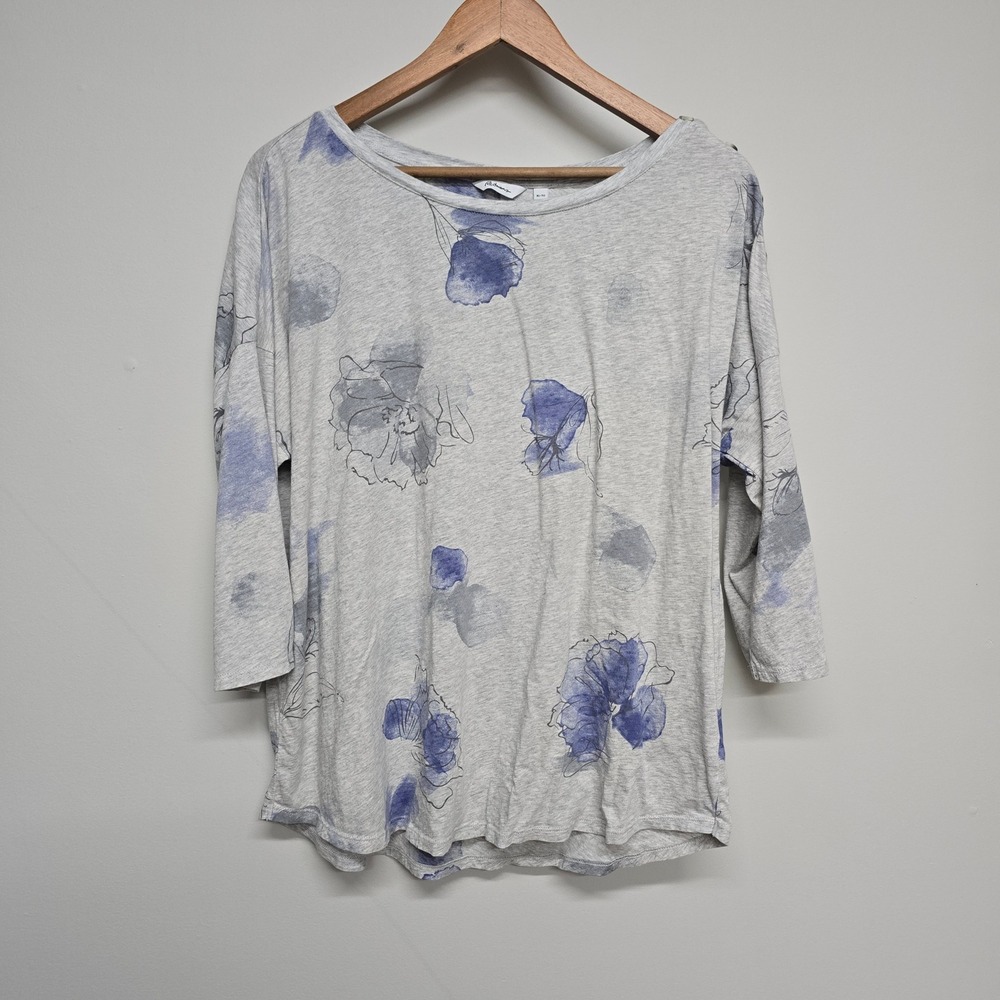 Reitmans Floral 3/4 Sleeve Top Womens XL Gray Cotton Modal Button Shoulder